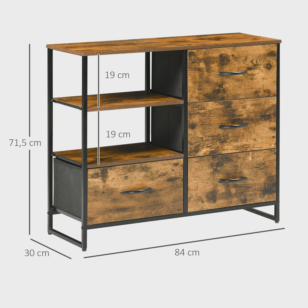 Industriële Ladekast met 4 Stoffen Lades en 2 Open Vakken - 84x30x71,5 cm