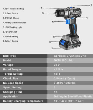 DEKO 20V Brushless Accuboormachine - Krachtige Mini Schroefmachine met 2 Snelheden & 18+1 Koppeling
