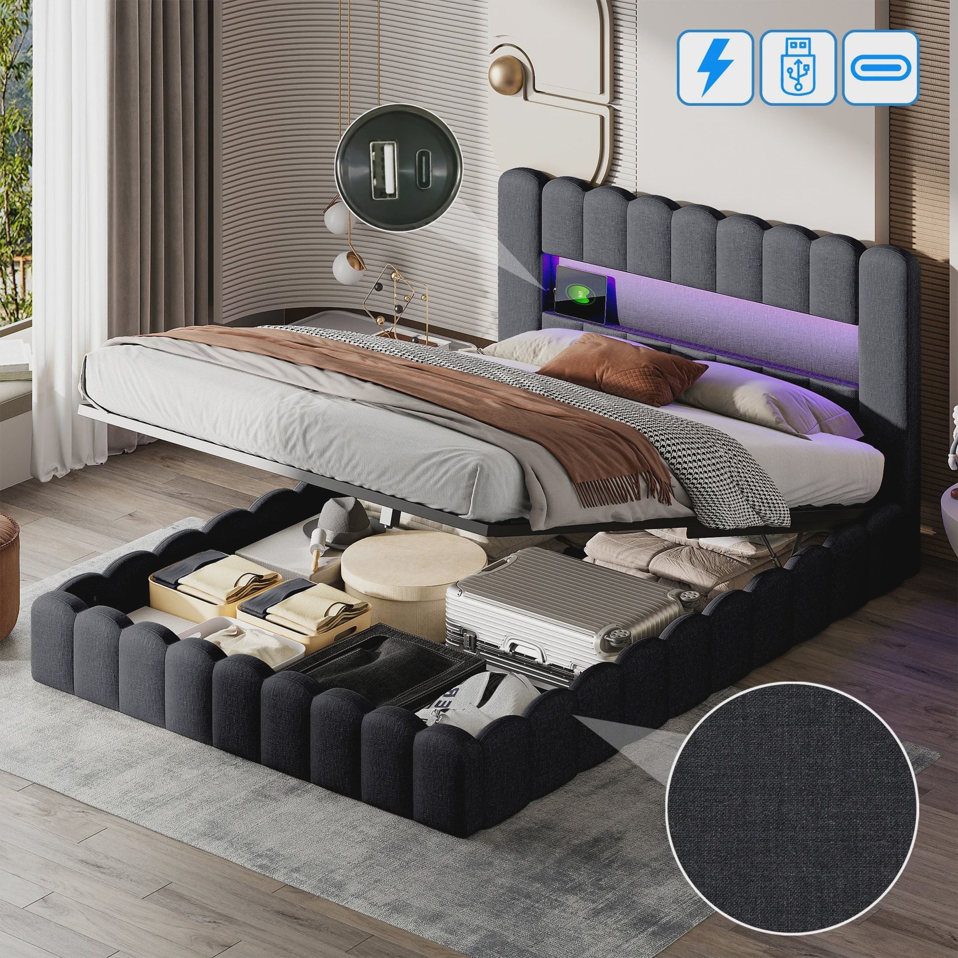 Luxe Gestoffeerd Bed met LED, USB & Opbergruimte - 140/160/180cm