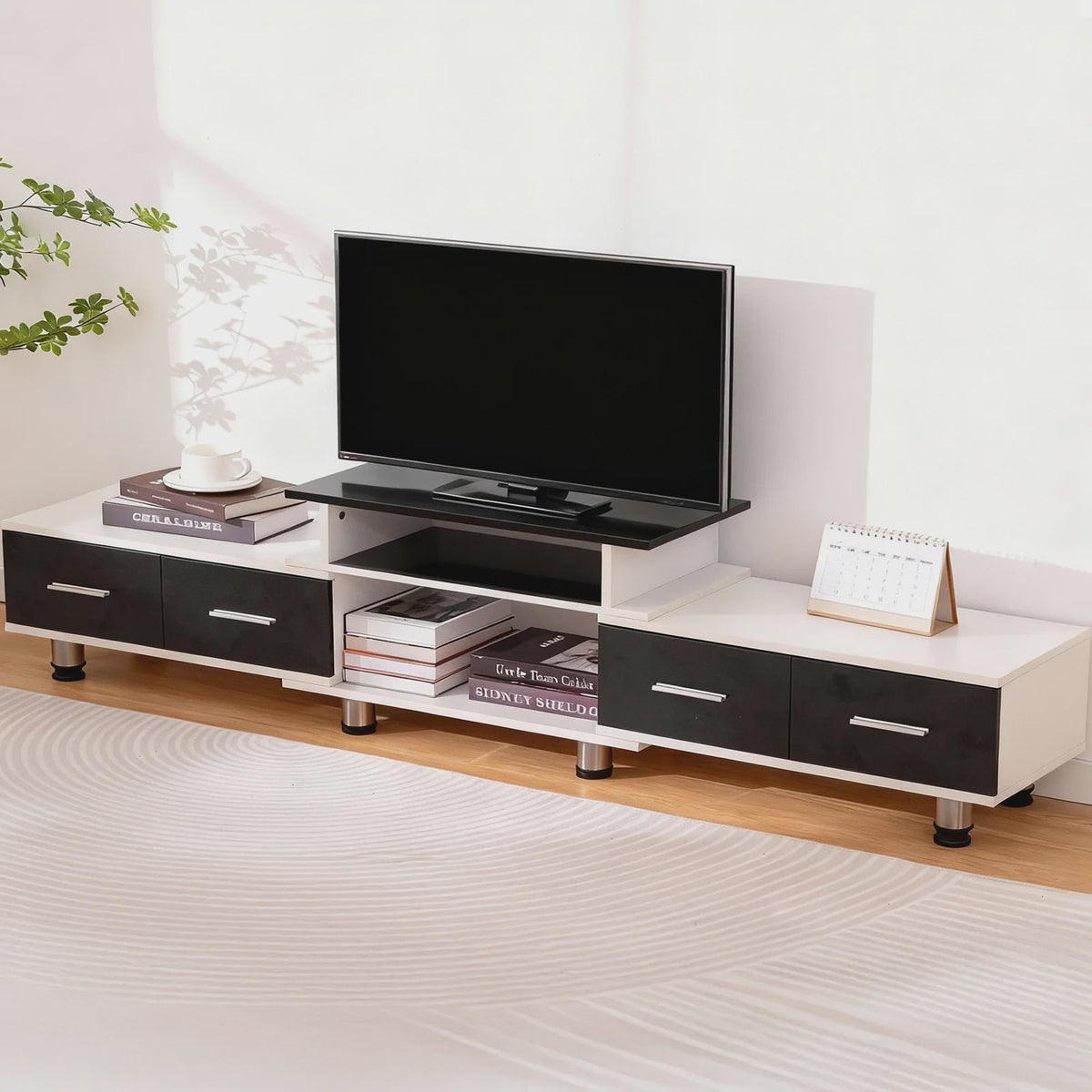 Uitschuifbaar TV Meubel 120-170 cm met 4 Lades, 3 Open Vakken en Metalen Frame