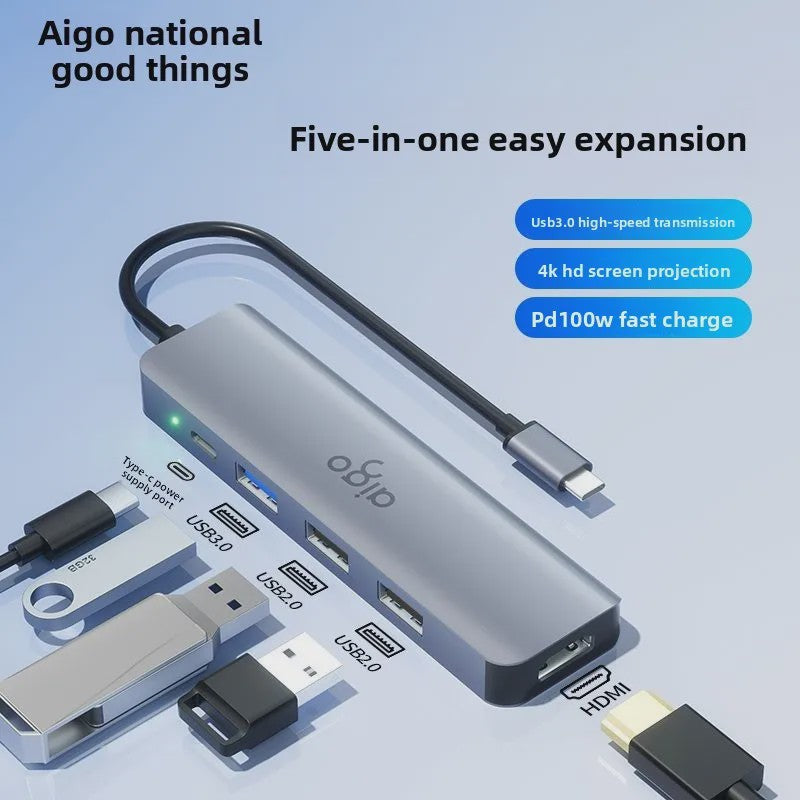 Aigo USB-C Hub met HDMI, PD Snellaadpoort en 3x USB 3.0 voor Laptops