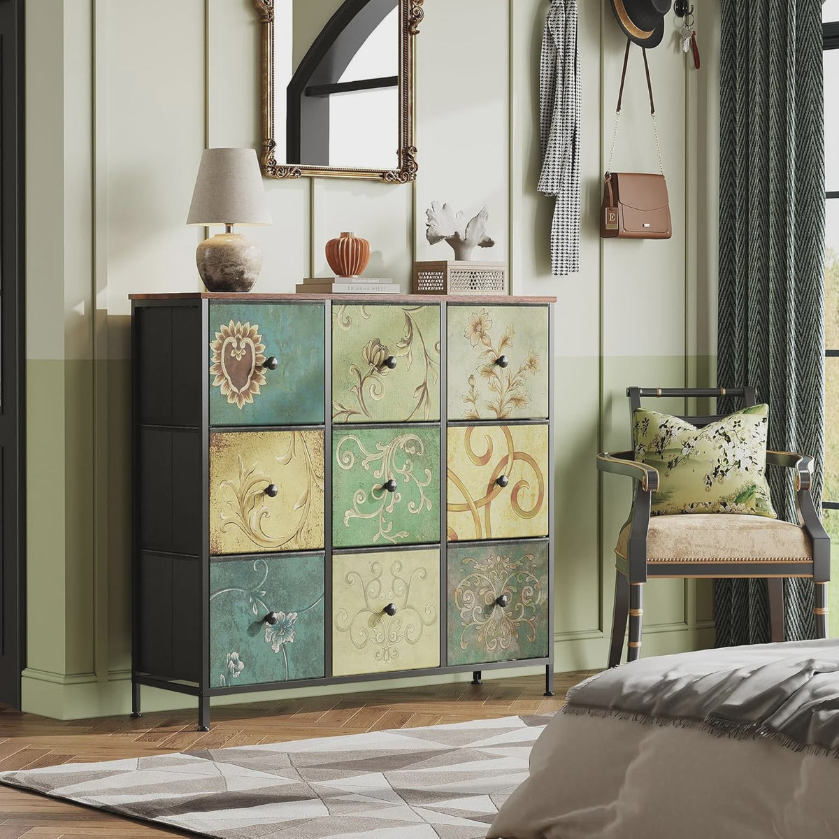 Retro Ladekast met 9 Stoffen Lades - 100x30x86.5cm - Houten Bovenblad & Metaal Frame