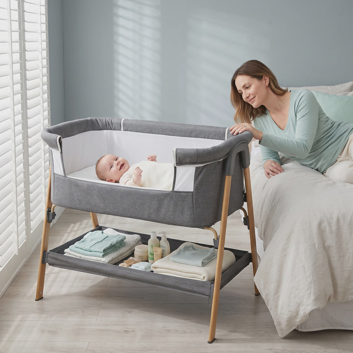 2-in-1 Baby Co-sleeper met Nachtlade en Ademend Mesh - Donkergrijs