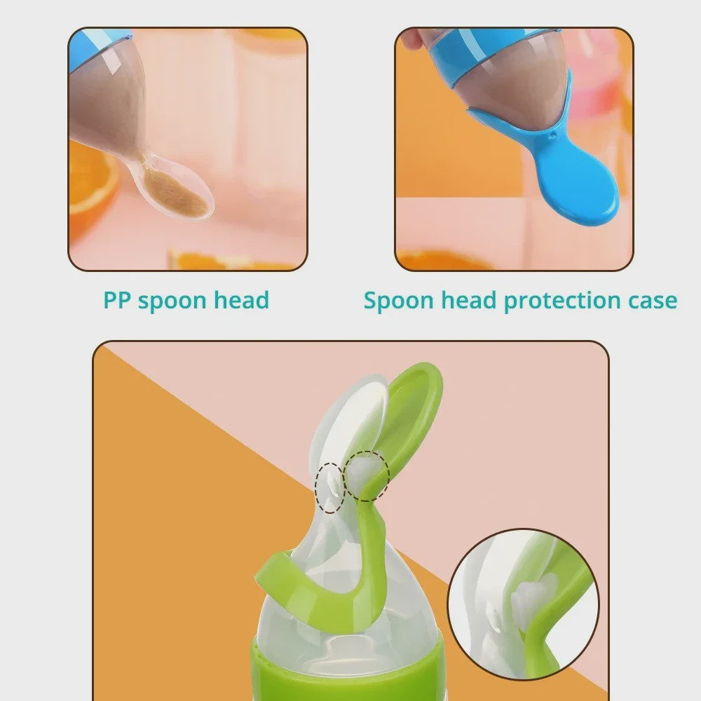 Baby Fles met Lepel - Siliconen Knijpfles voor Babyvoeding en Rijstpap