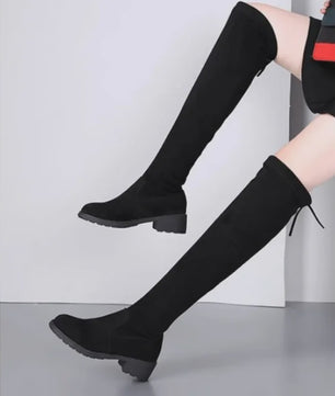 Dames Laarzen Zwart Over Knee - Winter 2024 - Comfortabele Suede Laarzen met Blokhak en Veters