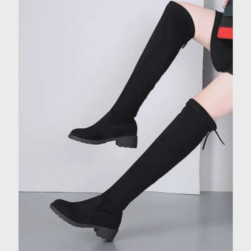 Dames Laarzen Zwart Over Knee - Winter 2024 - Comfortabele Suede Laarzen met Blokhak en Veters