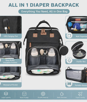 Multifunctionele Luiertas Rugzak met Babybedje, USB-poort en Aankleedkussen - Waterdicht