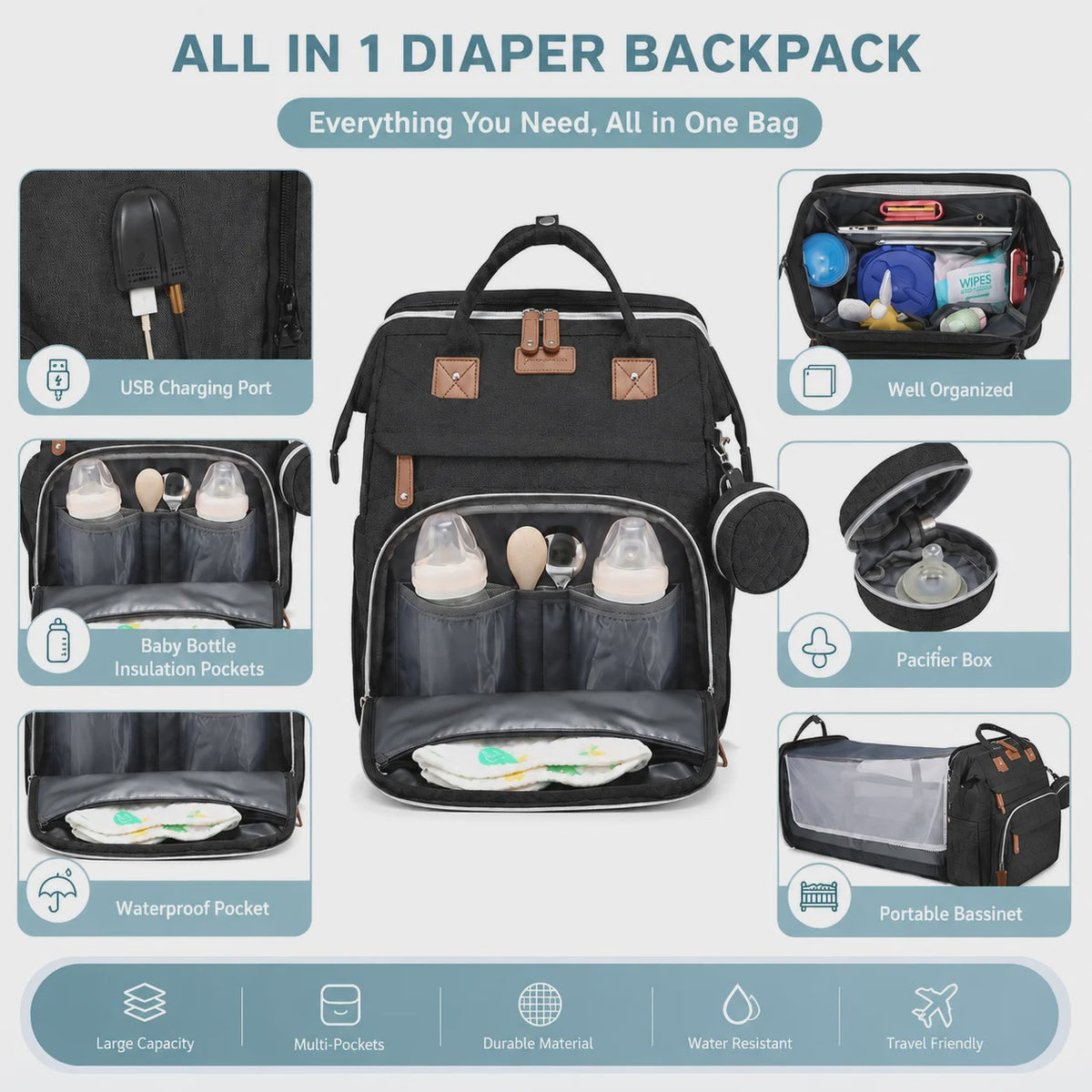 Multifunctionele Luiertas Rugzak met Babybedje, USB-poort en Aankleedkussen - Waterdicht