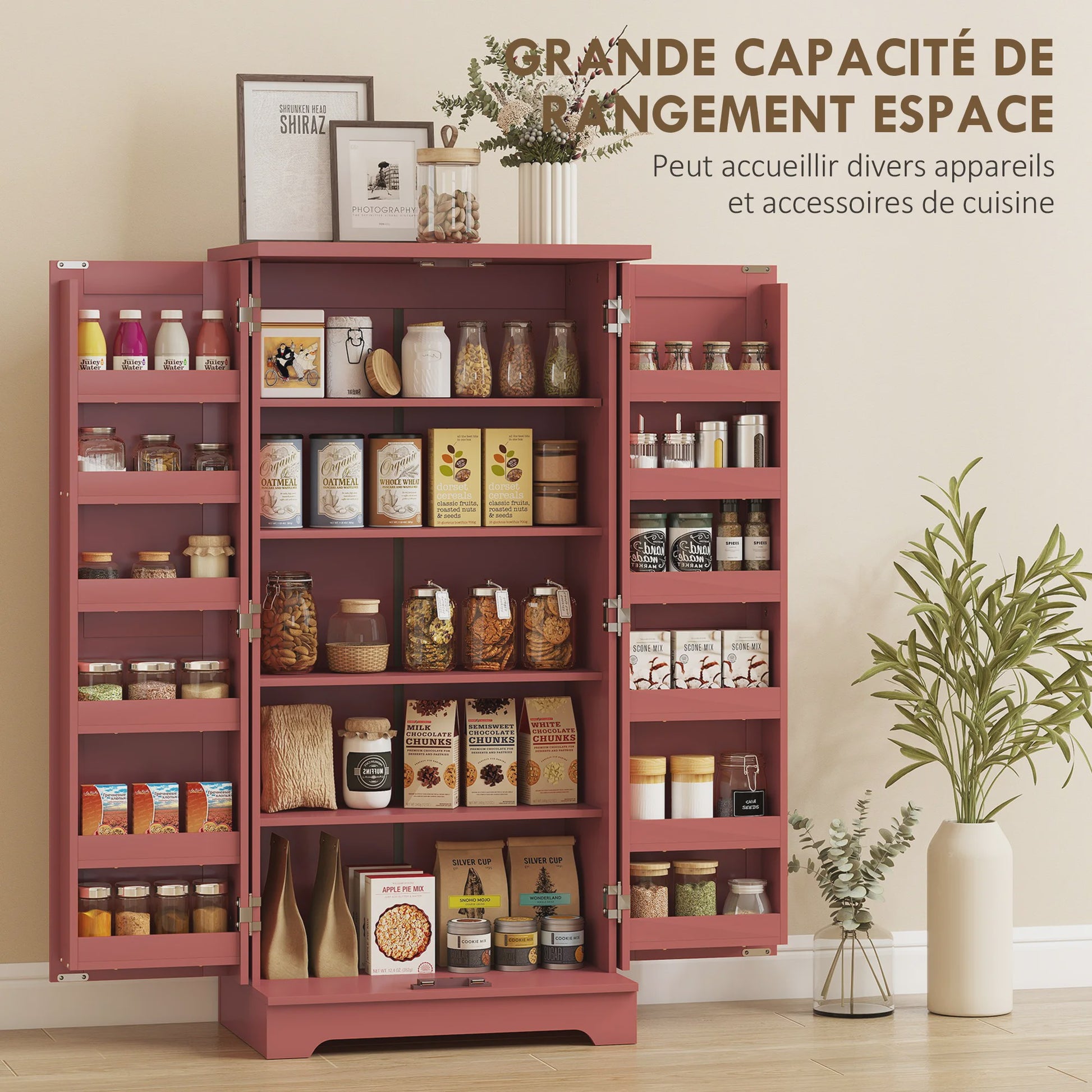 HOMCOM Keuken Dressoir Kast met 5 Niveaus, Deuren en Verstelbare Planken - 60x40x120 cm - Rode Houtnerf