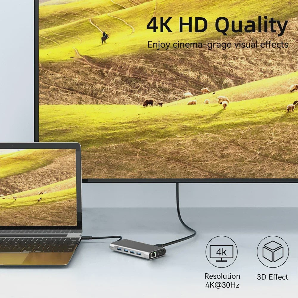 11-in-1 USB-C Hub Docking Station met HDMI, VGA, RJ45 & 100W PD Opladen