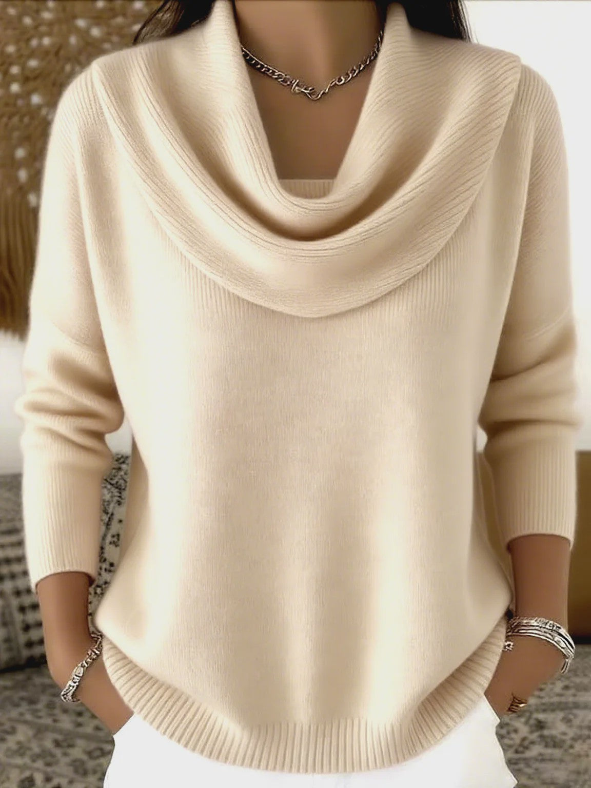 Dames Drapé Hals Trui - Effen Kleur Lange Mouwen - Herfst/Winter Collectie