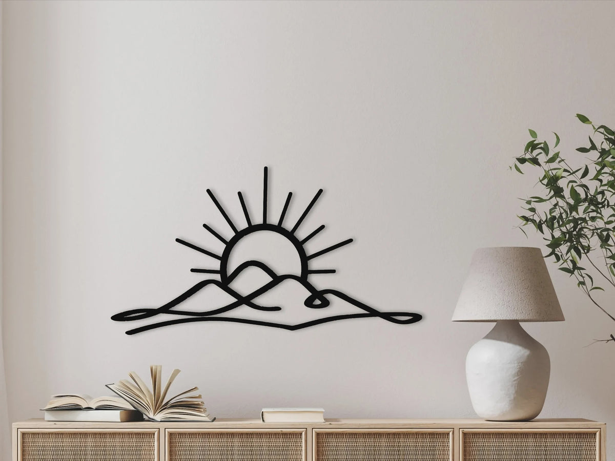 Metal Muurdecoratie Zonsondergang met Bergen - Boho Stijl Wanddecoratie