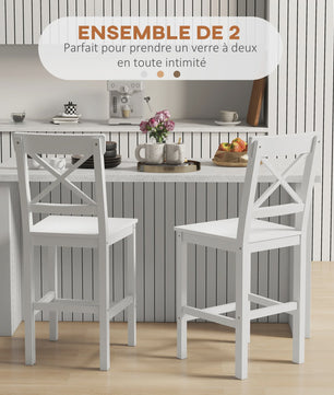Set van 2 Houten Barkrukken - Landelijke Stijl, 60cm Hoog met Voetensteun - Wit