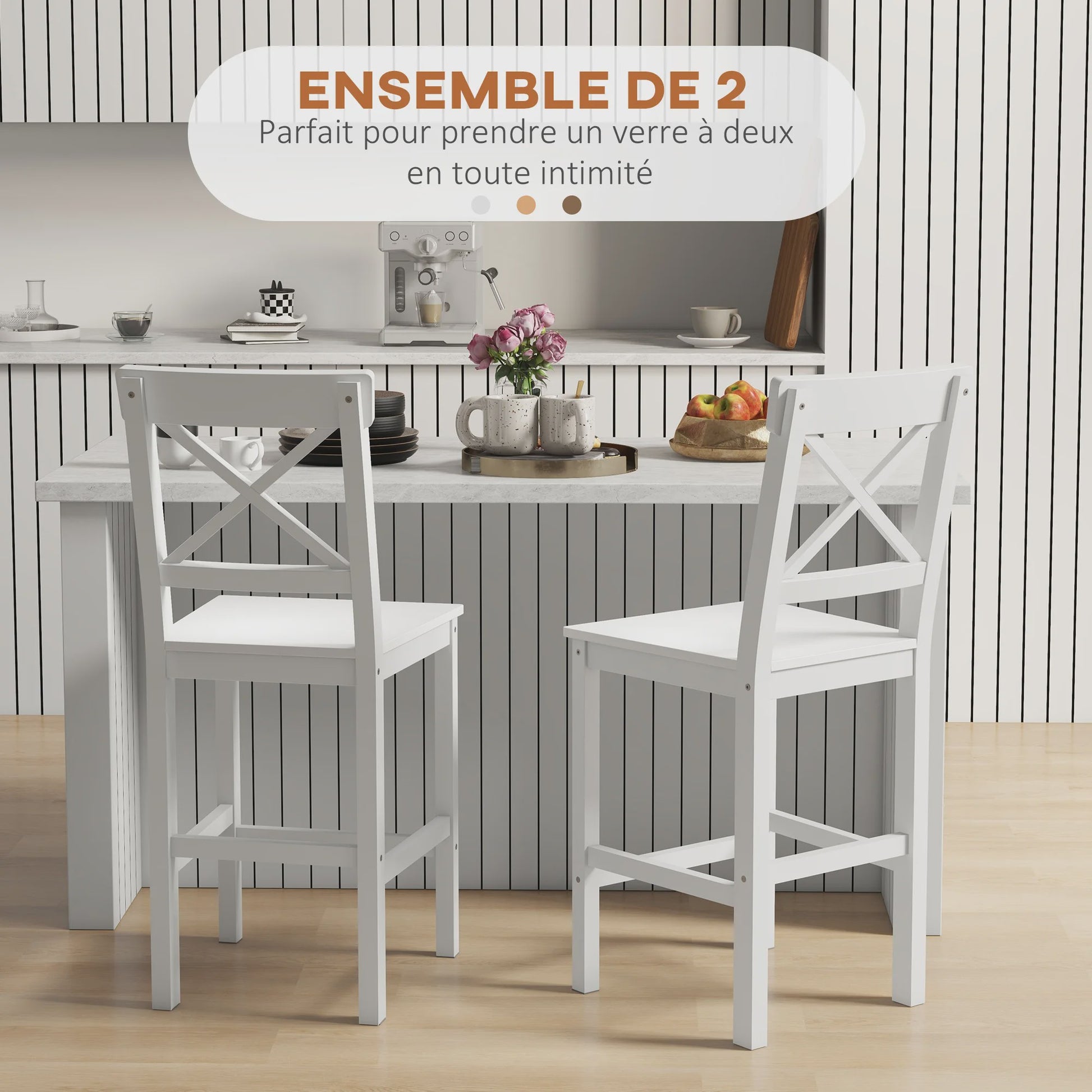 Set van 2 Houten Barkrukken - Landelijke Stijl, 60cm Hoog met Voetensteun - Wit