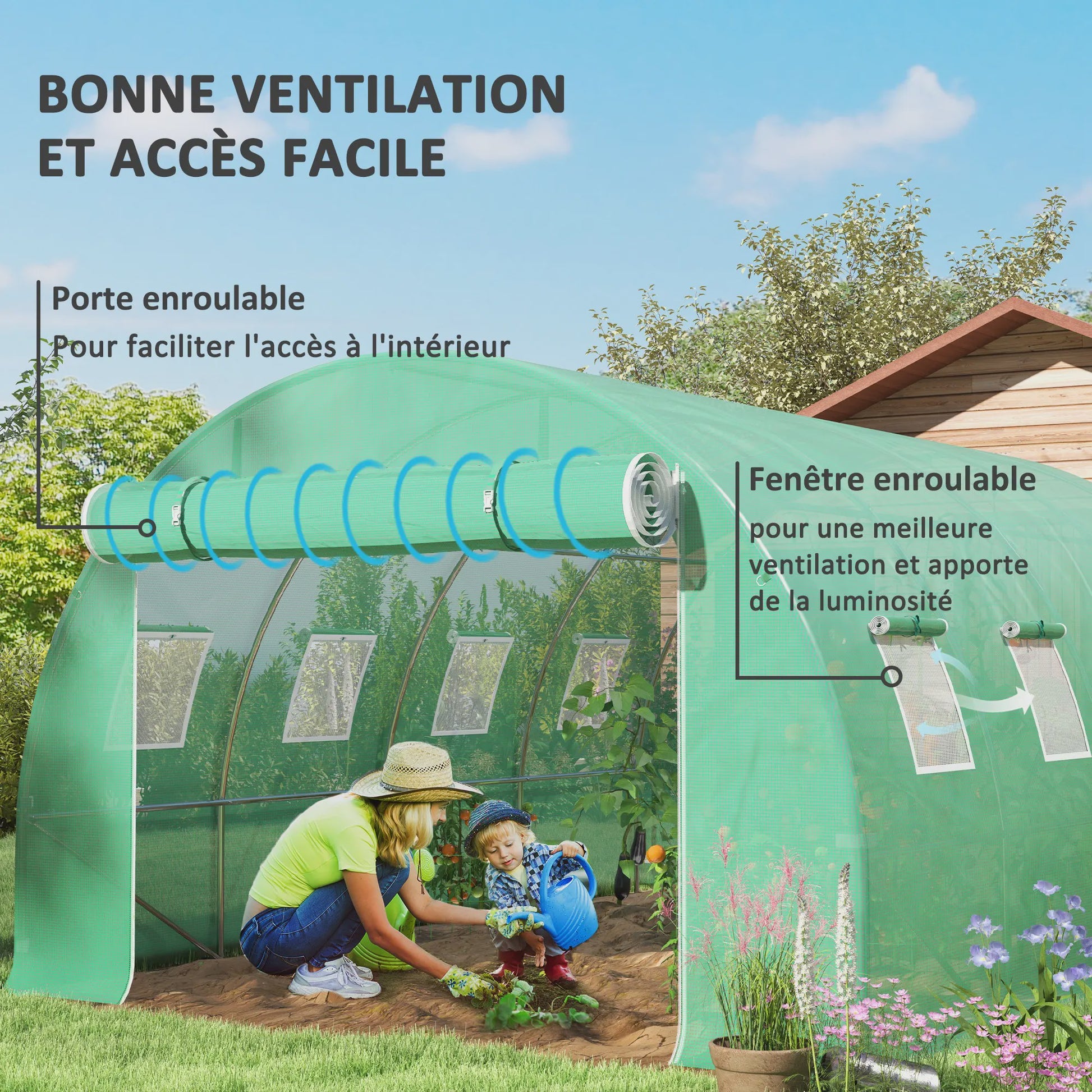 Outsunny Tunnel Kas Huisje 4x3x2m - 12m² UV-bestendig, Waterdicht, 8 Ramen, Roldeur