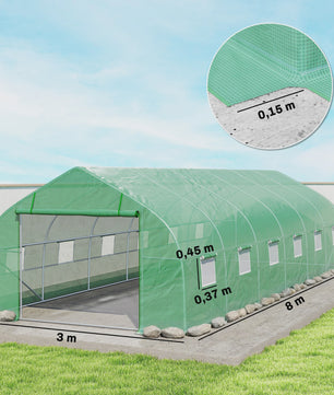 Ruime Tuinkas 8x3x2m met PE-afdekking, Stalen Frame, Roldeur en 12 Ramen