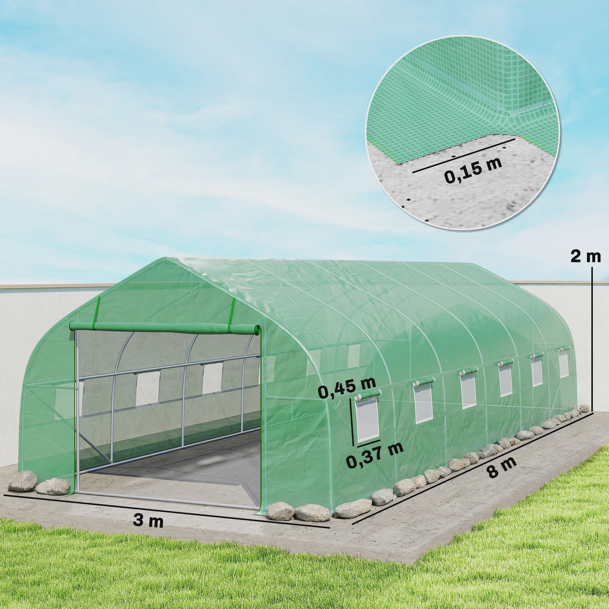 Ruime Tuinkas 8x3x2m met PE-afdekking, Stalen Frame, Roldeur en 12 Ramen