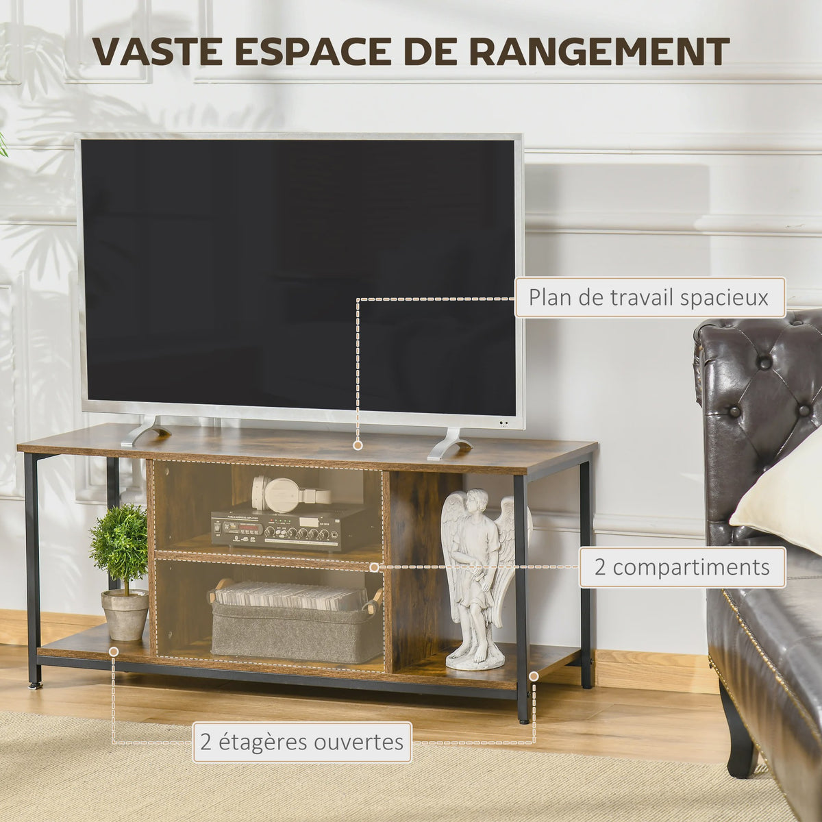 HOMCOM furniture TV cm TV TV furniture up to 55 inch with open compartments and adjustable shelf, industrial TV bench for bedroom, living room, rustic brown