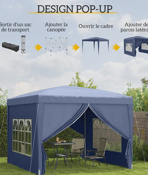 Outsunny Partytent 3x3m met 4 Afneembare Wanden en Draagtas - Blauw