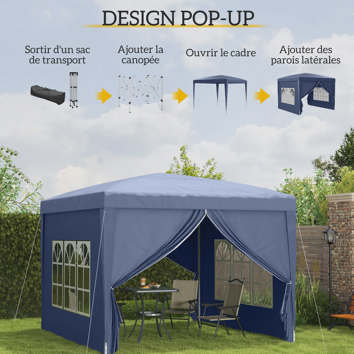 Outsunny Partytent 3x3m met 4 Afneembare Wanden en Draagtas - Blauw