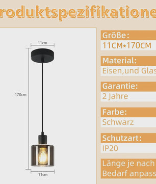 Vintage Glazen Hanglamp Zwart - Retro Industriële Stijl E27 Fitting
