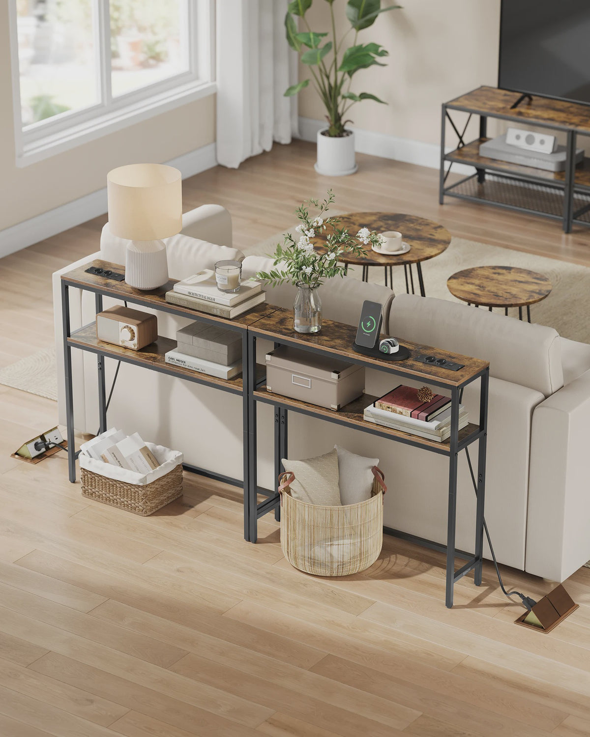 VASAGLE Console Tafel met 2 Planken & Laadstation - 80x20x80 cm - Hal & Woonkamer
