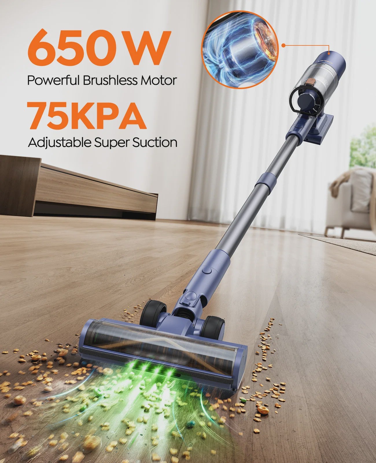 Laresar V11 Accu Stofzuiger: 650W Kracht, 75000PA Zuigkracht, 90 Min Runtime & Smart Display