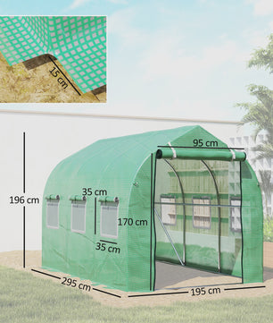 Outsunny Tunnel Kas 5,75 m² - Groen - Met Deur & 6 Rolramen - 295x195x196 cm