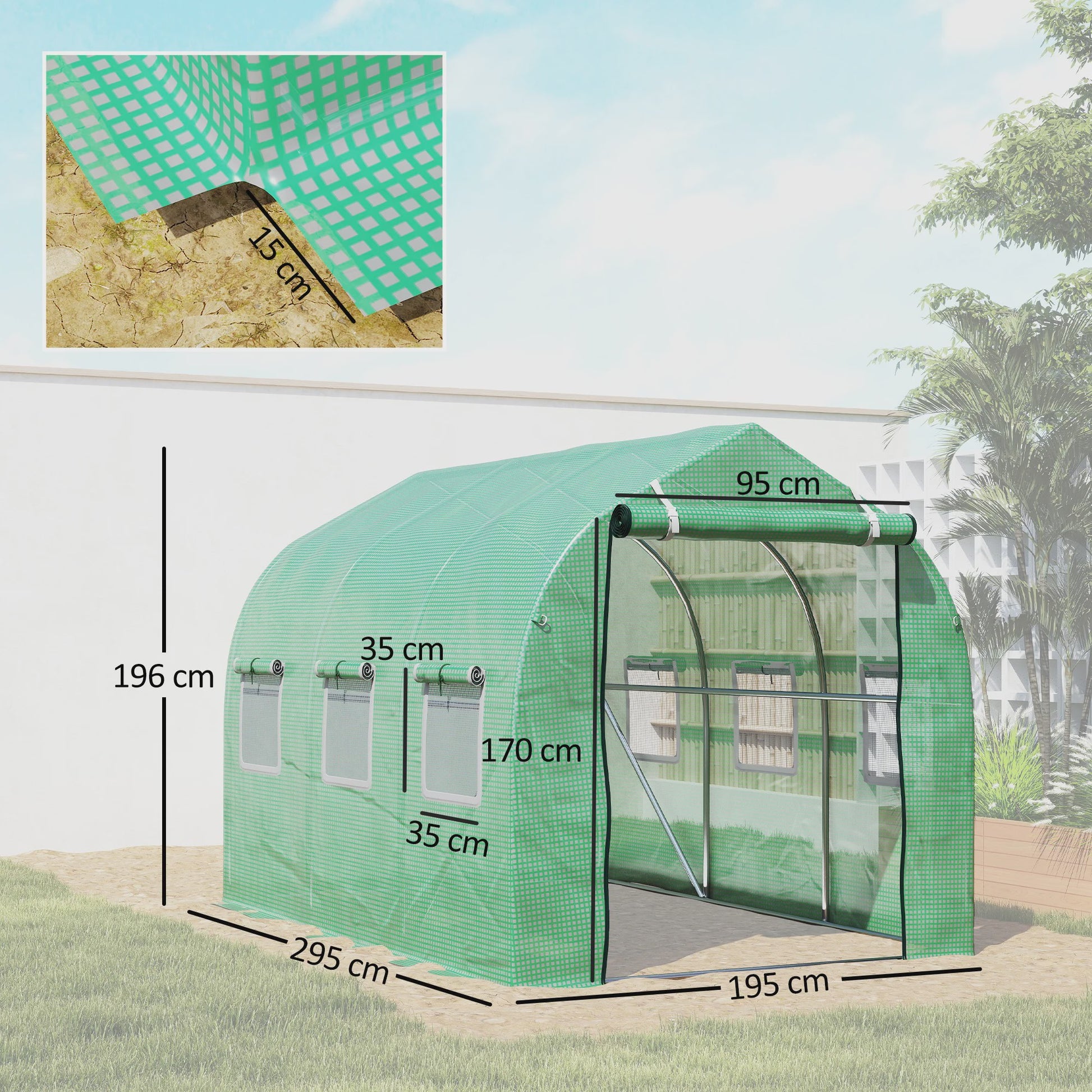 Outsunny Tunnel Kas 5,75 m² - Groen - Met Deur & 6 Rolramen - 295x195x196 cm