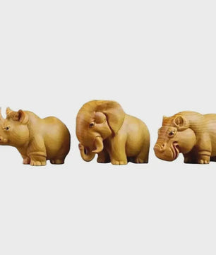 Houten Dieren Beeldjes: Neushoorn, Nijlpaard & Olifant - Handgesneden Decoratie