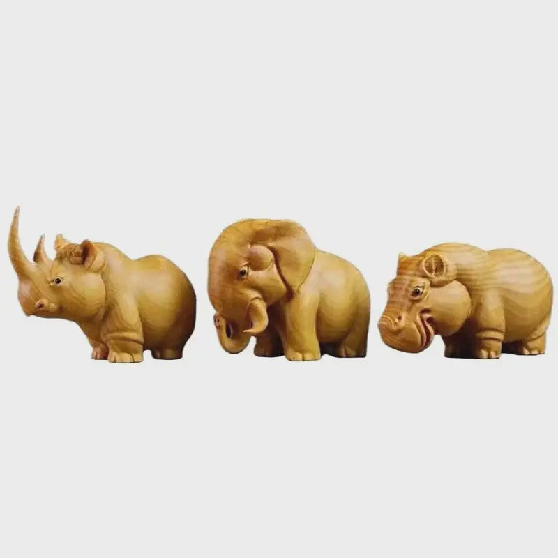 Houten Dieren Beeldjes: Neushoorn, Nijlpaard & Olifant - Handgesneden Decoratie