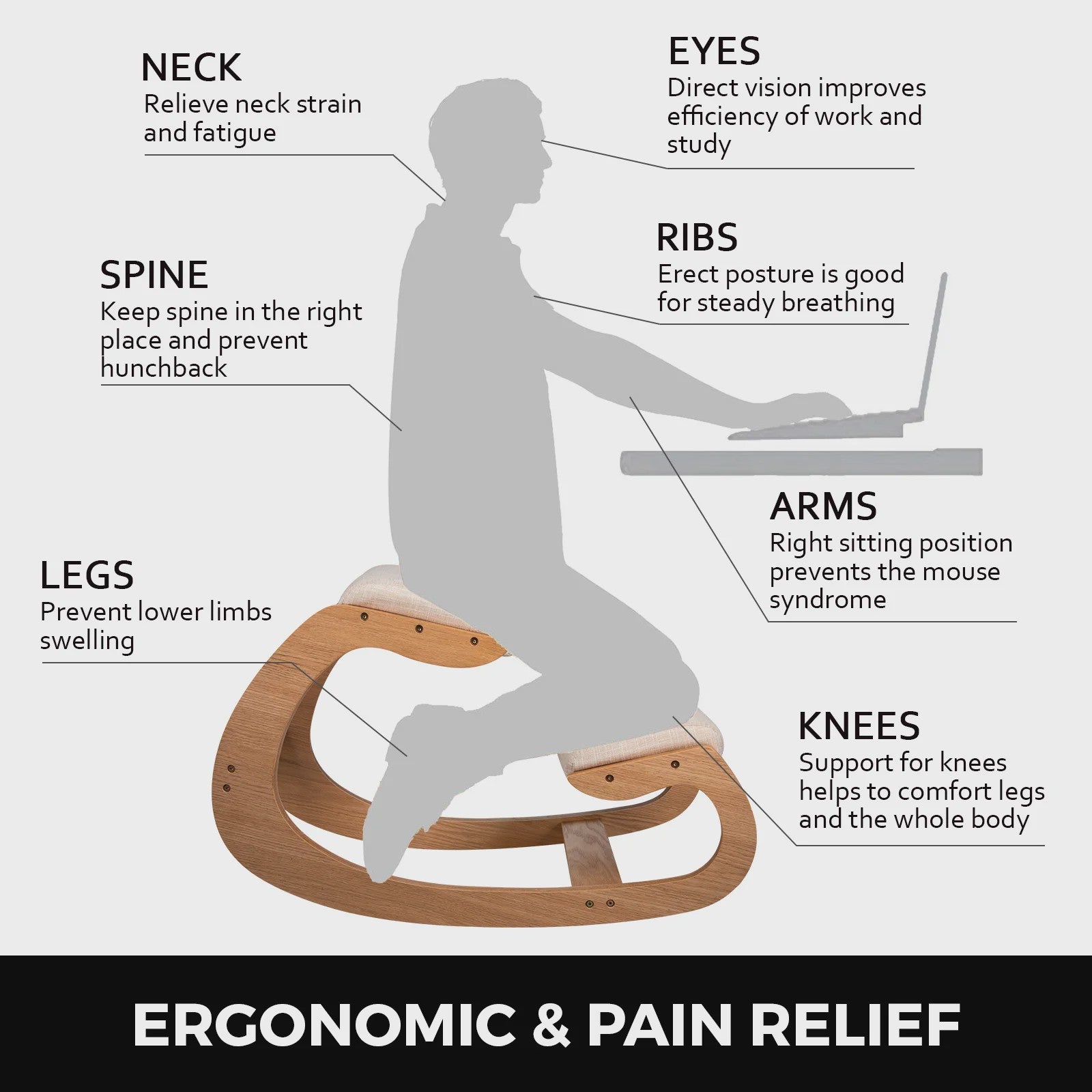 Ergonomische Kniekruk met Dik Zitkussen - Houten Schommelstoel voor Betere Houding