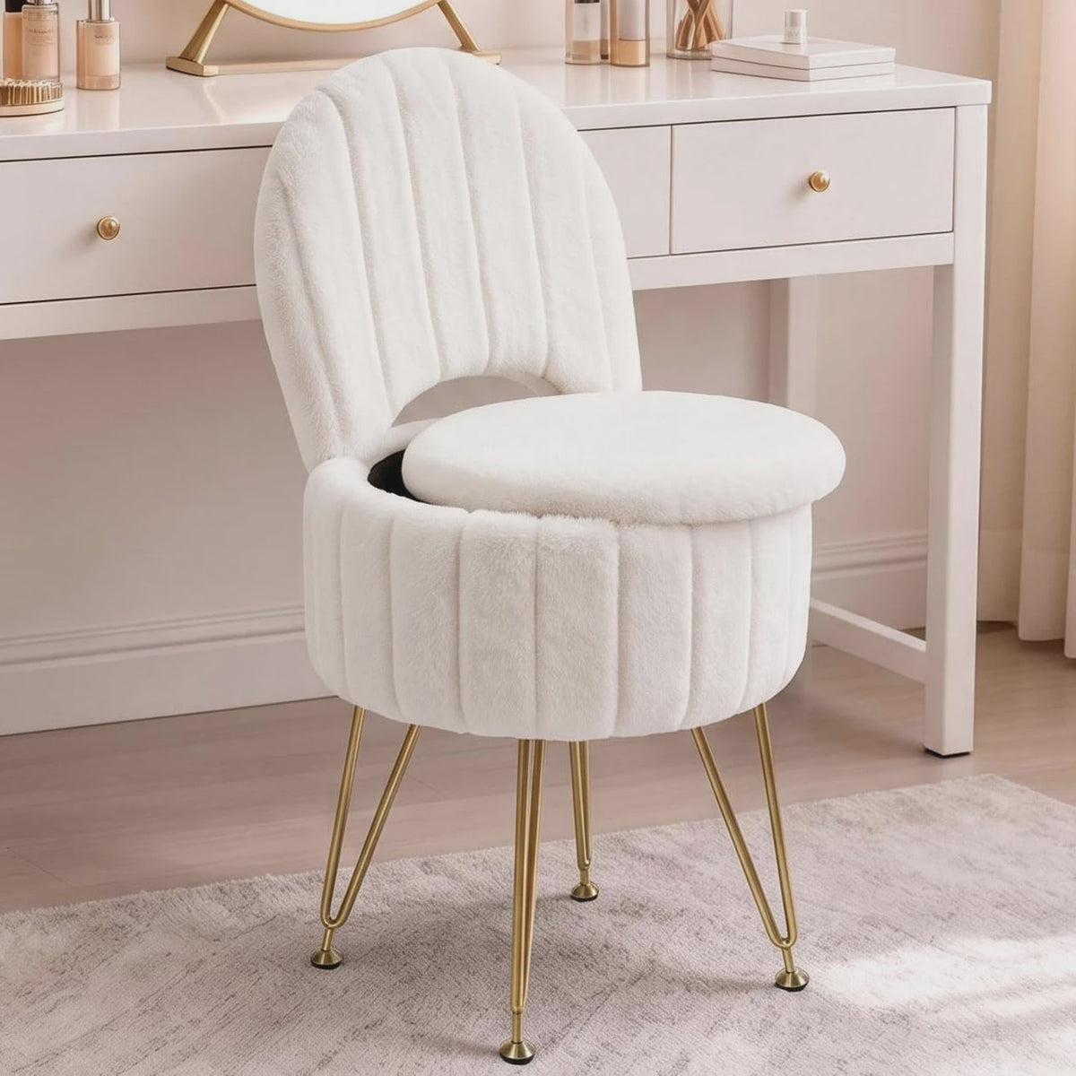 Luxe Fauteuil met Opbergruimte en Pluche Bekleding - Kaptafel Stoel