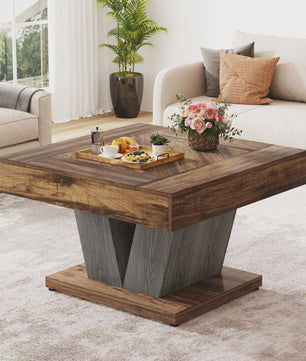 Moderne Vierkante Salontafel 80cm - Rustiek Bruin & Zwart Houten Middentafel