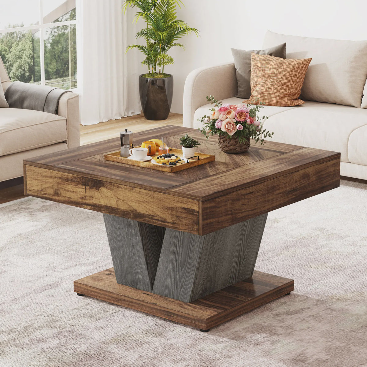 Moderne Vierkante Salontafel 80cm - Rustiek Bruin & Zwart Houten Middentafel