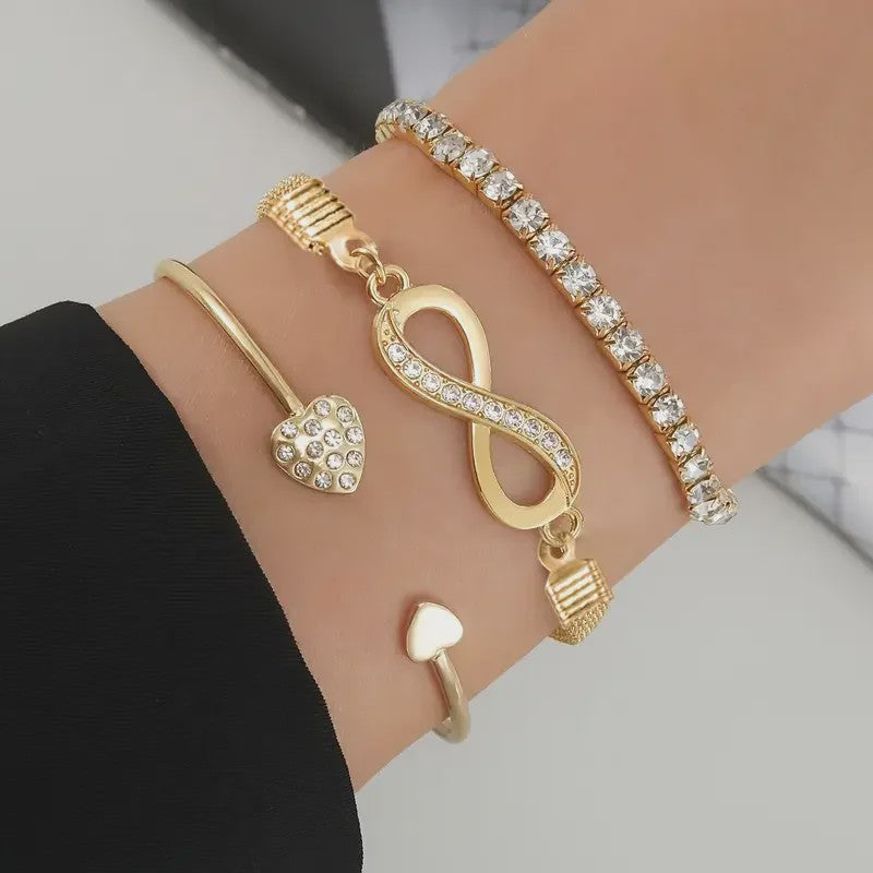 Set van 3 Vintage Kristallen Armbanden voor Dames - Hart, Oneindigheid & Geometrisch Design