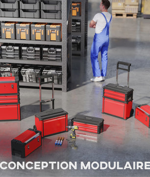 HOMCOM Set van 3 Stapelbare Gereedschapskisten op Wielen met Lade, Handgrepen en Slot - Rood