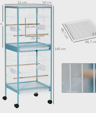 Ruime Tweelaagse Vogelkooi met Wielen en Uitneembare Trays - Blauw