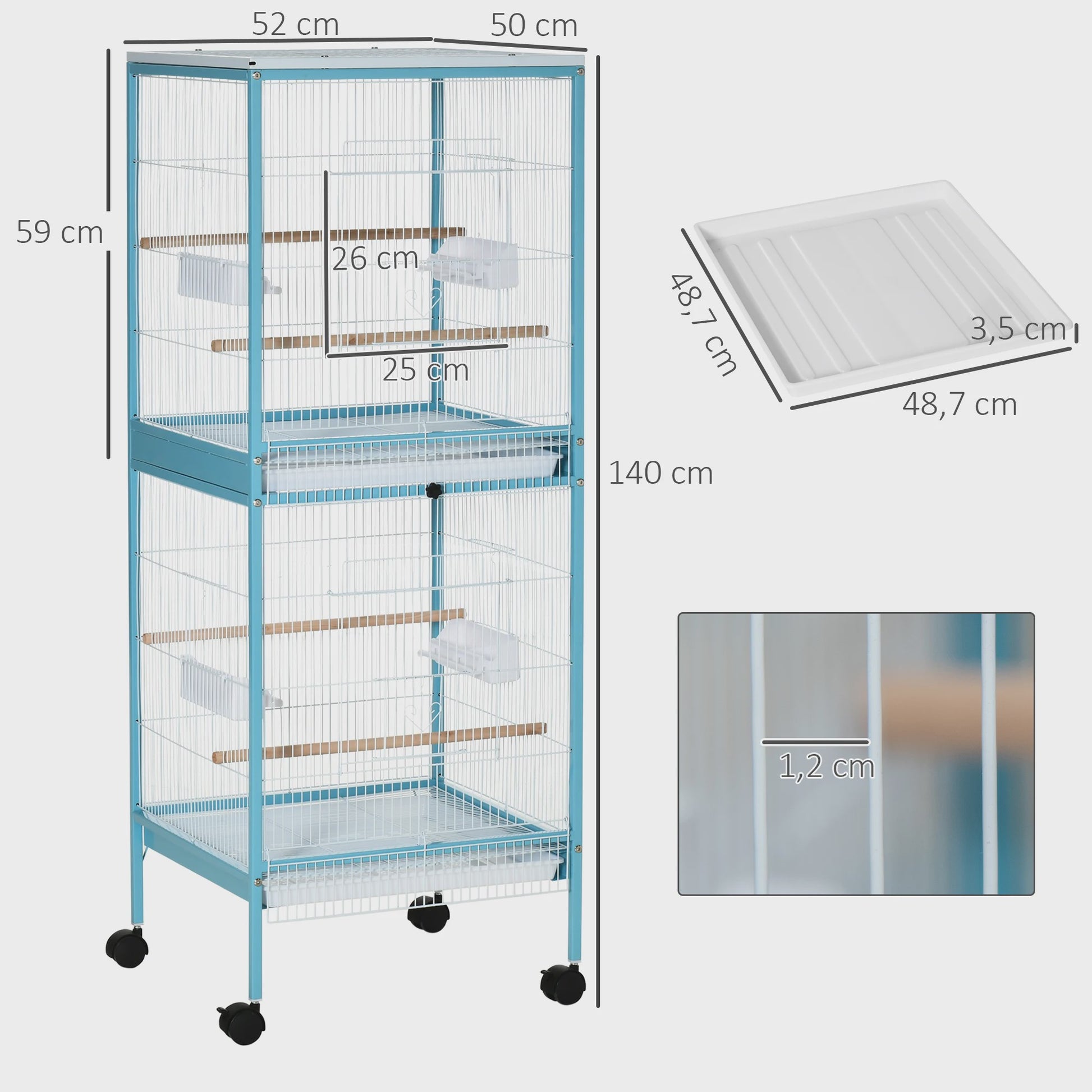 Ruime Tweelaagse Vogelkooi met Wielen en Uitneembare Trays - Blauw