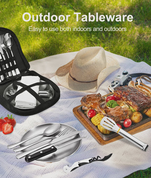 Draagbare Camping Bestekset RVS - Complete Picknick Tafelset met Organizer