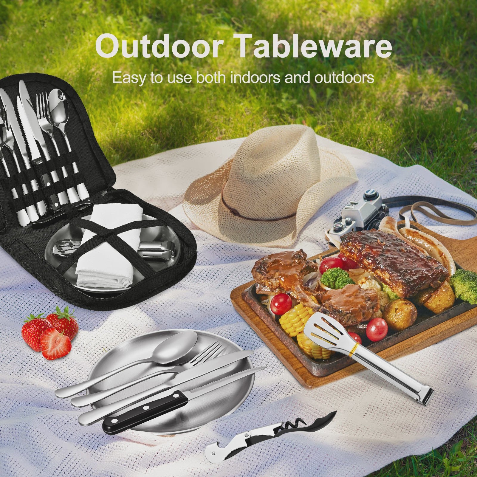 Draagbare Camping Bestekset RVS - Complete Picknick Tafelset met Organizer