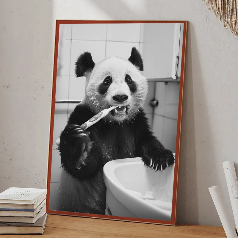 Grappige Zwart-Wit Canvas Poster: Schattige Dieren Poetsen Tanden - Muurdecoratie