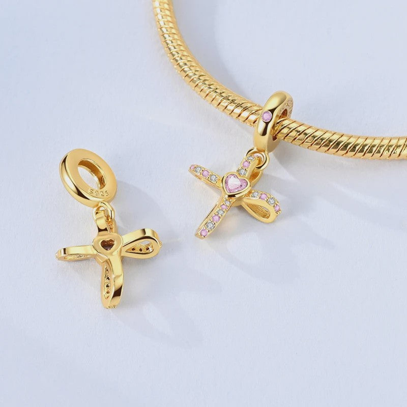 925 Sterling Zilveren Bedel: Gouden Strik met Roze Hart & Kruis met Oog van Horus
