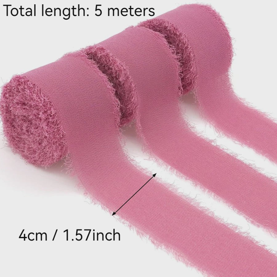 Handgemaakte Satijn Chiffon Lint Set - 3 Rollen van 5m met Rafeleffect voor Bruiloft, Cadeau & DIY Decoratie