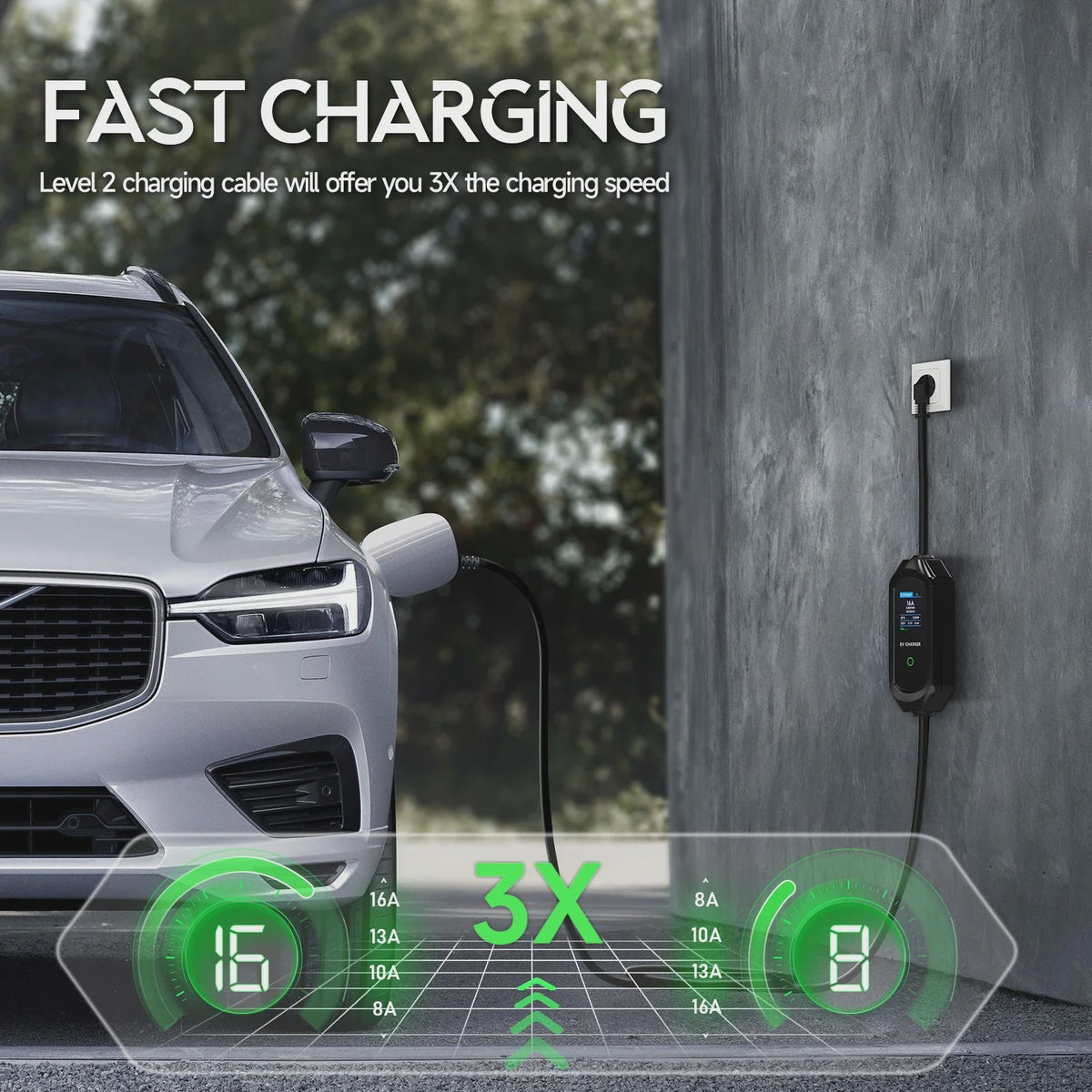 Draagbare EV Charger 3.5/7KW Type 2, 16A Snel Laadkabel met WiFi & APP Controle
