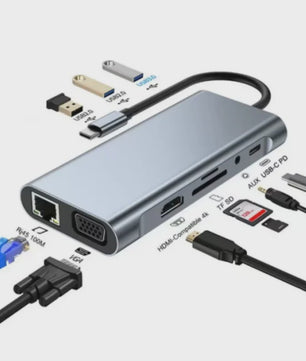 11-in-1 USB-C Hub: Netwerk, HDMI, VGA, USB 3.0 & Kaartlezers voor MacBook