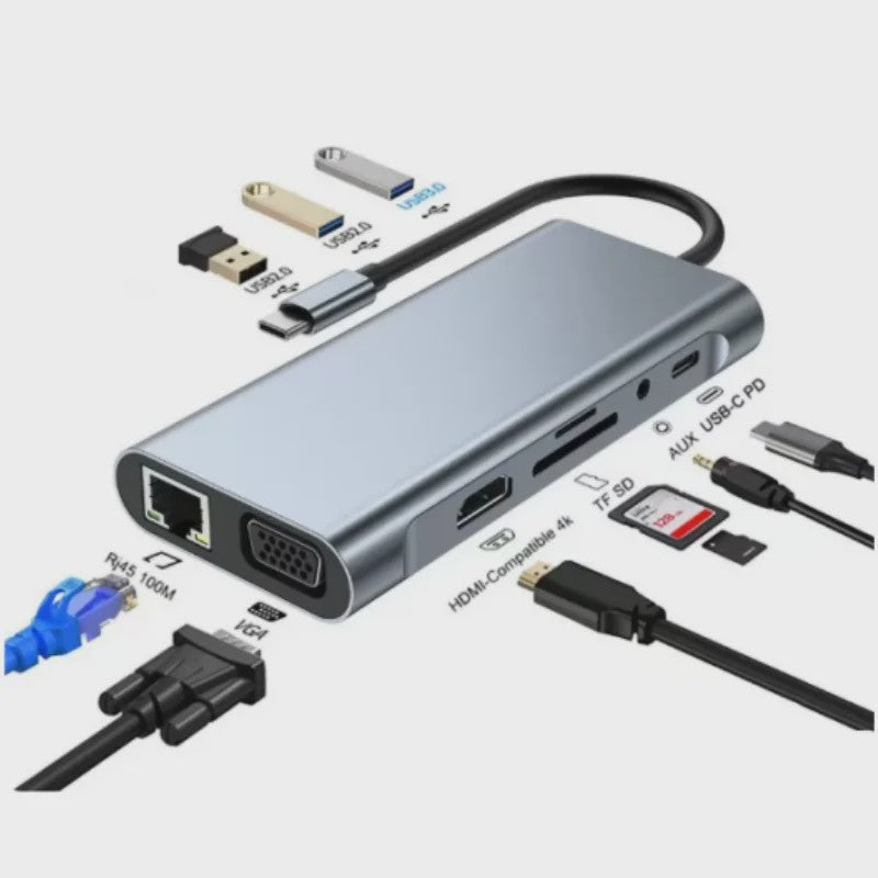 11-in-1 USB-C Hub: Netwerk, HDMI, VGA, USB 3.0 & Kaartlezers voor MacBook