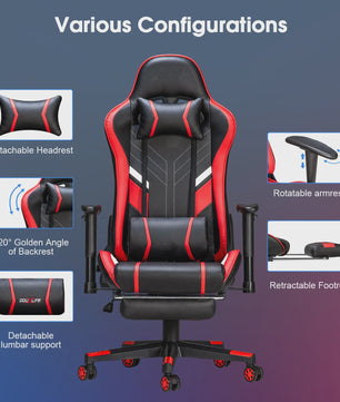 Ergonomische Massage Gaming Stoel met Voetensteun en Lendensteun - Verstelbaar