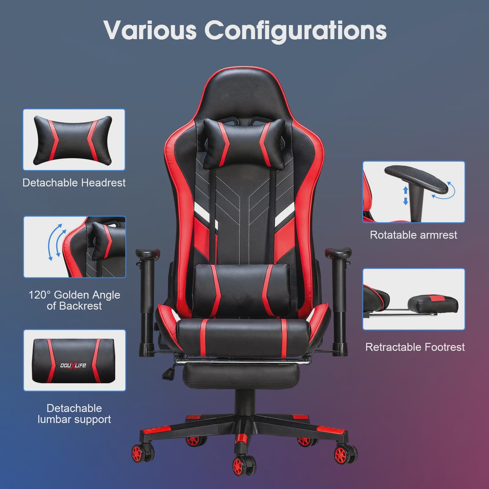Ergonomische Massage Gaming Stoel met Voetensteun en Lendensteun - Verstelbaar