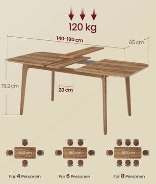 Uitschuifbare Eettafel voor 4-8 Personen - Houtkleurig - Verstelbaar tot 180 cm